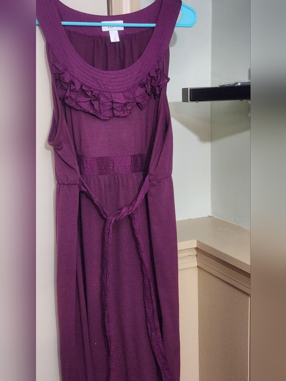 Plum Sleeveless Dress with Front Ruffle, Tie Waist 14